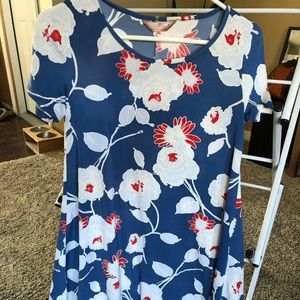 Dress, blue, red and white flowers. Shift style